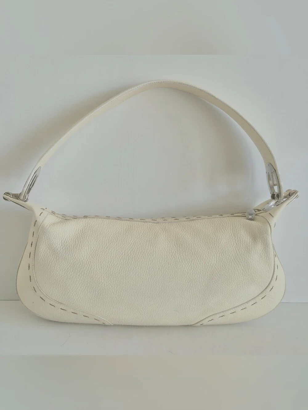 Escada Itaky Cream Pebbled Leather Silver Accents Medium Hobo Shoulder Bag